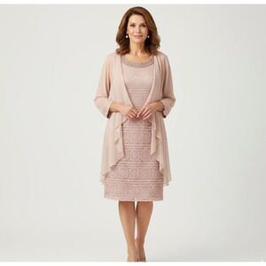 R&M Collection Women's Dress Beaded Neckline Sheer Pink‎ Matching Duster MOB